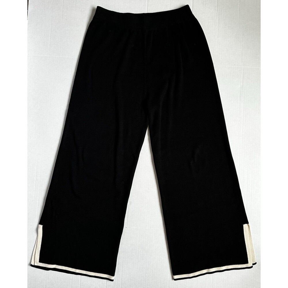 Women Wide Leg Pants Large Black Ankle Slit Knit High Waist Large Cream Trim